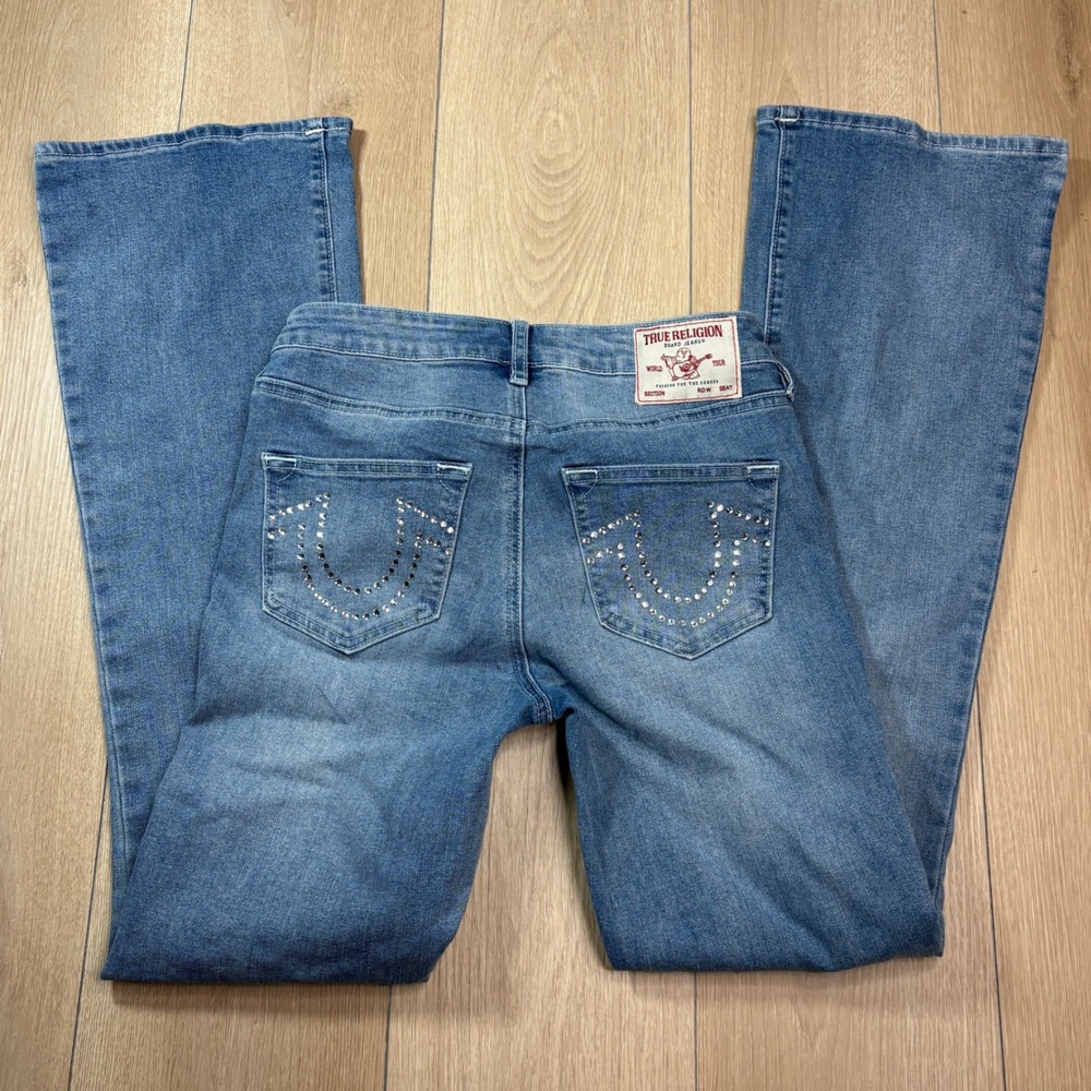 True Religion Becca Mid Rise Bootcut Jeans Blue Rhinestone Horseshoe Size 26